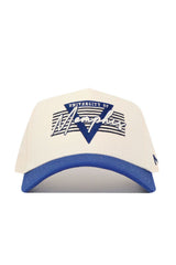 The No Rivals Memphis Triangle Game Cap Hat is a white structured baseball cap with a blue brim, featuring "University of Memphis" and a blue triangle with "Memphis" script on the front. Made from quality cotton, it has an adjustable snapback closure.