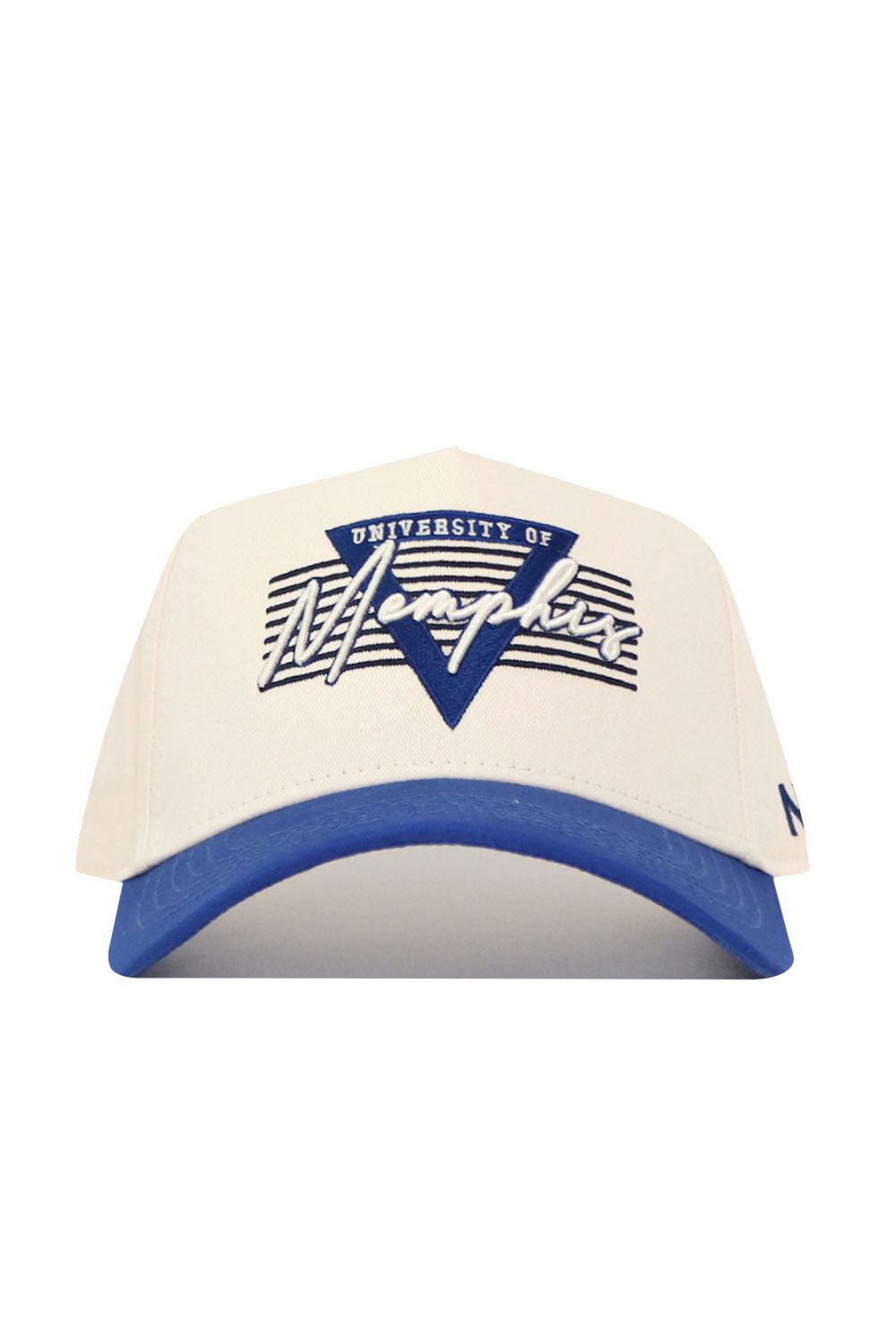 The No Rivals Memphis Triangle Game Cap Hat is a white structured baseball cap with a blue brim, featuring "University of Memphis" and a blue triangle with "Memphis" script on the front. Made from quality cotton, it has an adjustable snapback closure.
