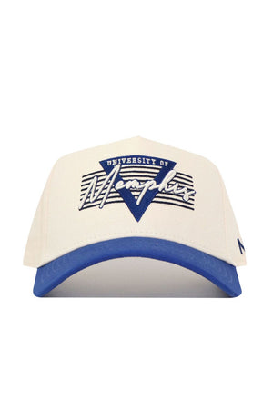 The No Rivals Memphis Triangle Game Cap Hat is a white structured baseball cap with a blue brim, featuring "University of Memphis" and a blue triangle with "Memphis" script on the front. Made from quality cotton, it has an adjustable snapback closure.