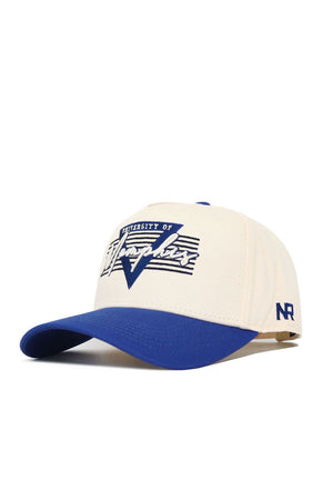 The Memphis Triangle Game Cap Hat by No Rivals is a cream and blue snapback featuring University of Memphis and a stylized M logo embroidered on the front, with NR stitched on the side. Made from premium cotton for a structured fit.