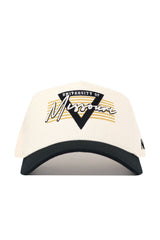 The Missouri Triangle Game Cap Hat by No Rivals is a cream cotton baseball cap with a black brim, gold and black "University of Missouri" embroidery, a black triangle design, and gold stripes on the front.