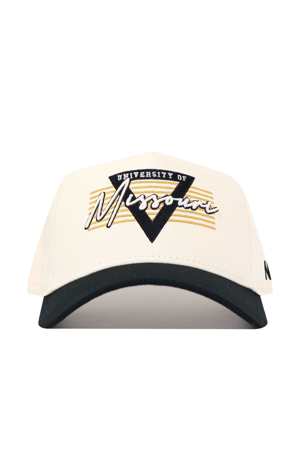 The Missouri Triangle Game Cap Hat by No Rivals is a cream cotton baseball cap with a black brim, gold and black "University of Missouri" embroidery, a black triangle design, and gold stripes on the front.