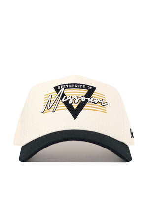 The Missouri Triangle Game Cap Hat by No Rivals is a cream cotton baseball cap with a black brim, gold and black "University of Missouri" embroidery, a black triangle design, and gold stripes on the front.