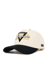 The Missouri Triangle Game Cap Hat by No Rivals features a cream crown, black brim, "University of Missouri" over a bold black V with yellow lines, a side NR logo, and an adjustable snapback for the perfect fit.