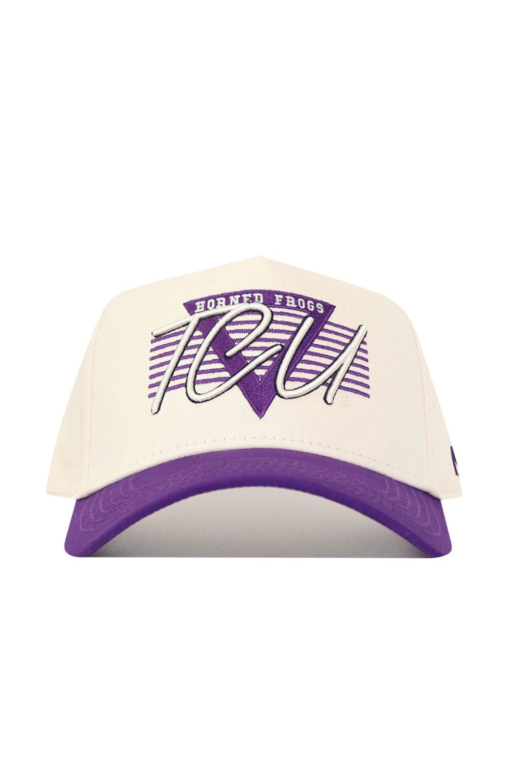 The No Rivals TCU Triangle Game Cap Hat is a white and purple snapback with "Horned Frogs" and "TCU" on the front, a purple bill, and a bold purple triangle design behind the lettering. Made from high quality cotton.