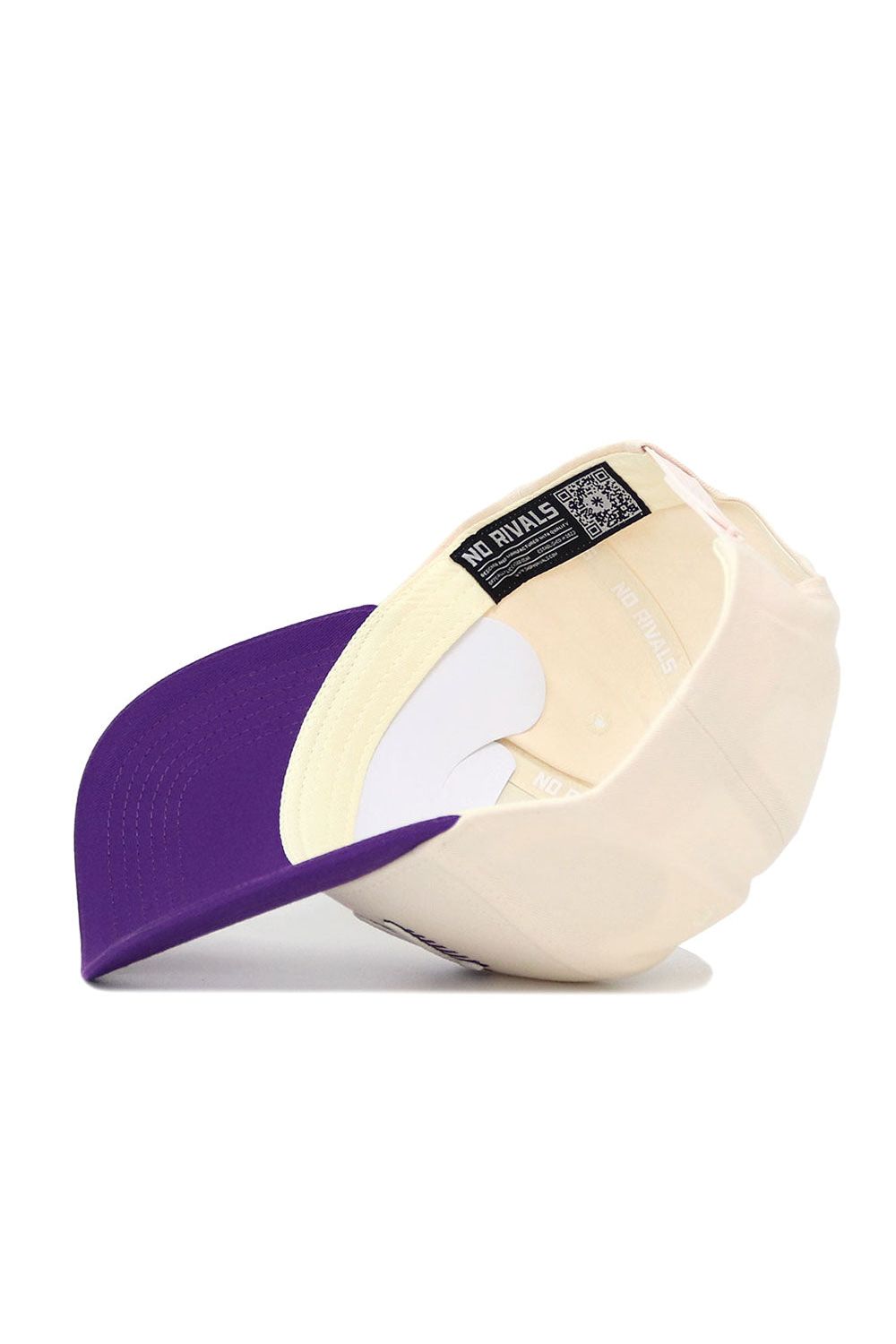 The TCU Triangle Game Cap Hat by No Rivals features a cream and purple snapback design, shown inside with a NO RIVALS label and QR code near the sweatband. Crafted from high-quality cotton for a structured fit.