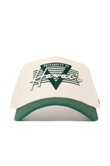 The No Rivals Hawai'i Triangle Game Cap Hat is an officially licensed cream cap with a green brim, featuring a bold Hawaii logo, green stripes, and triangle detail. Its structured fit provides lasting comfort and shape.