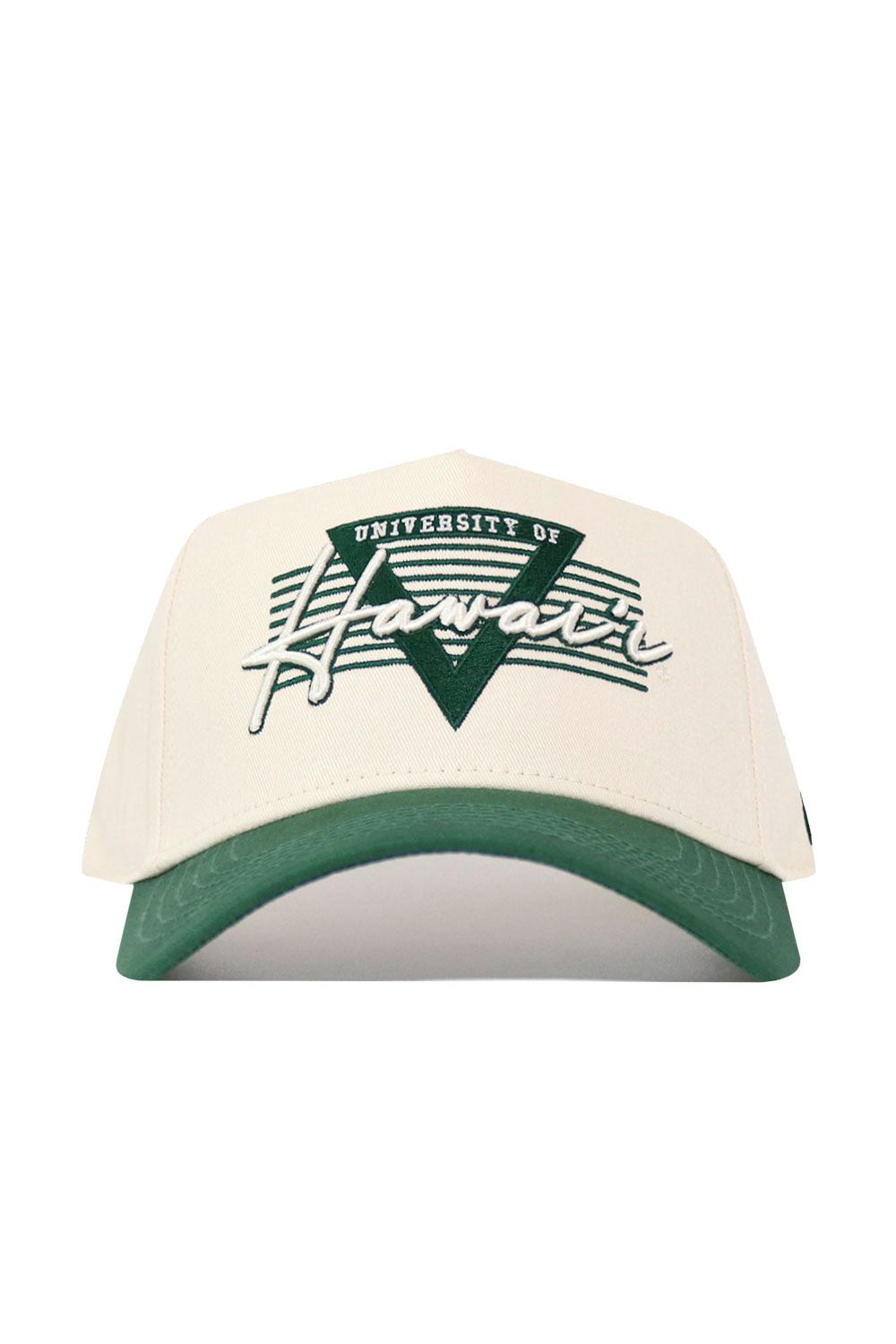 The No Rivals Hawai'i Triangle Game Cap Hat is an officially licensed cream cap with a green brim, featuring a bold Hawaii logo, green stripes, and triangle detail. Its structured fit provides lasting comfort and shape.