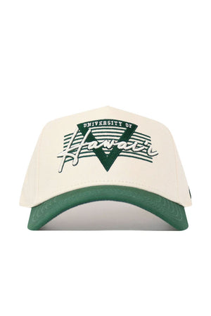 The No Rivals Hawai'i Triangle Game Cap Hat is an officially licensed cream cap with a green brim, featuring a bold Hawaii logo, green stripes, and triangle detail. Its structured fit provides lasting comfort and shape.