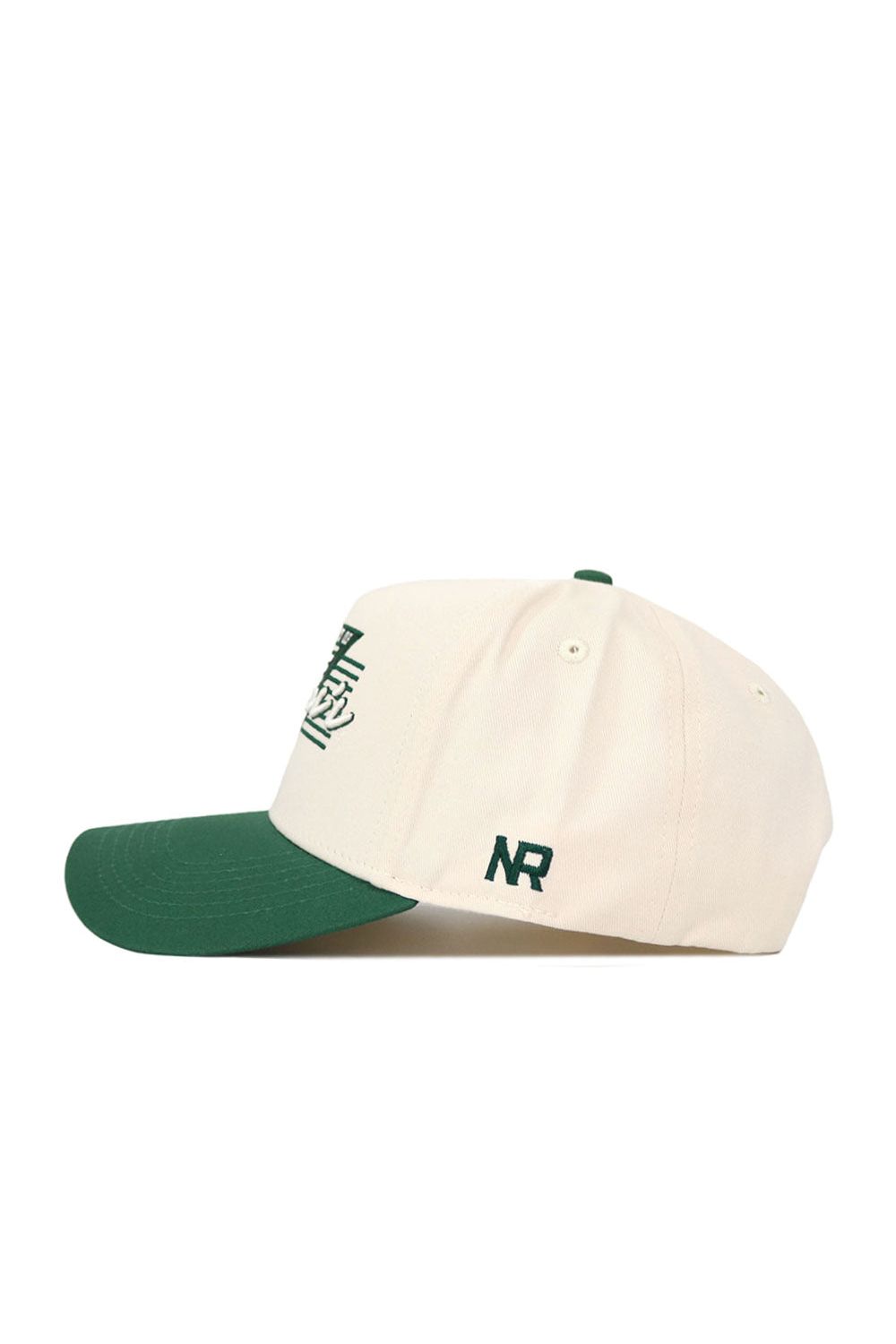 The No Rivals Hawai'i Triangle Game Cap Hat features a cream-colored snapback design with a green brim, front green embroidery, and green NR initials on the side, plus a structured fit for lasting style.