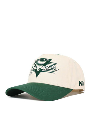 The No Rivals Hawai'i Triangle Game Cap Hat is a white snapback with a green brim, featuring the University of Hawaii logo and text on the front and NR stitched on the side. This officially licensed cap offers a structured fit for lasting comfort and style.