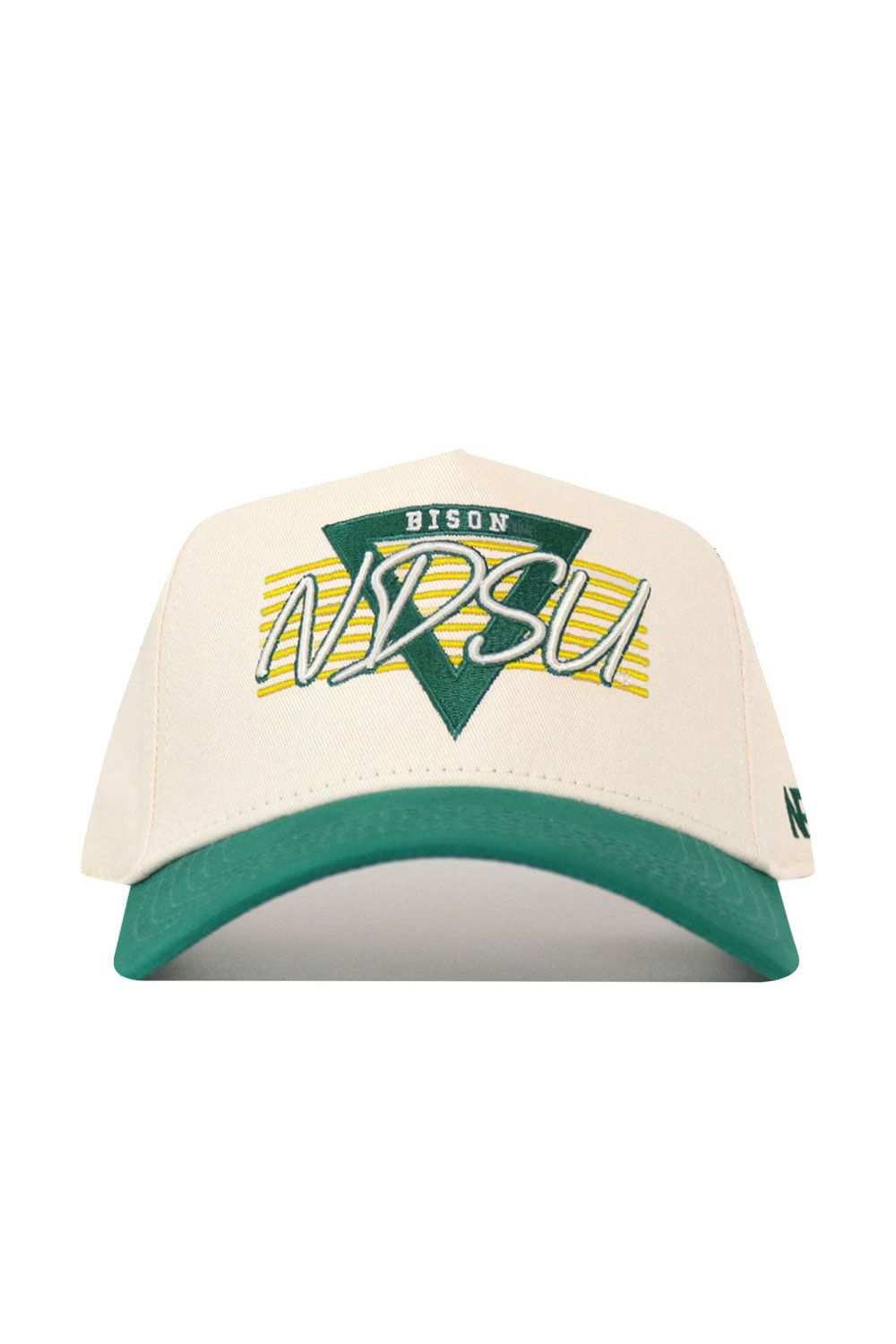 The No Rivals NDSU Triangle Game Cap Hat is a white and green structured cotton baseball cap featuring a green brim, snap back closure, and a front green triangle with BISON above bold yellow and green NDSU text.