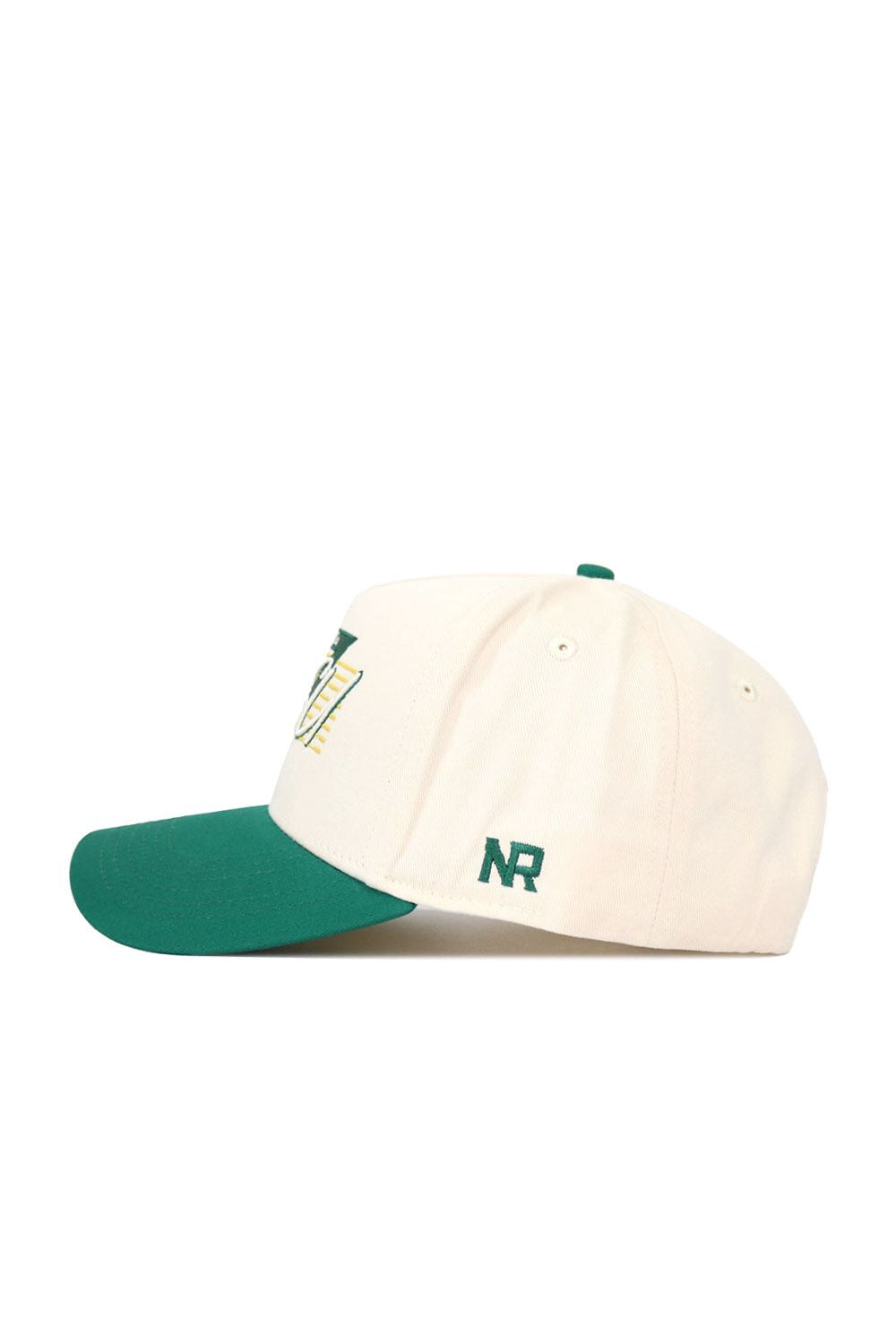 The No Rivals NDSU Triangle Game Cap Hat is a cream baseball cap with a green brim, made from premium cotton. It features green NR initials embroidered on the side, a top button, ventilation eyelets, and a structured fit for comfort.
