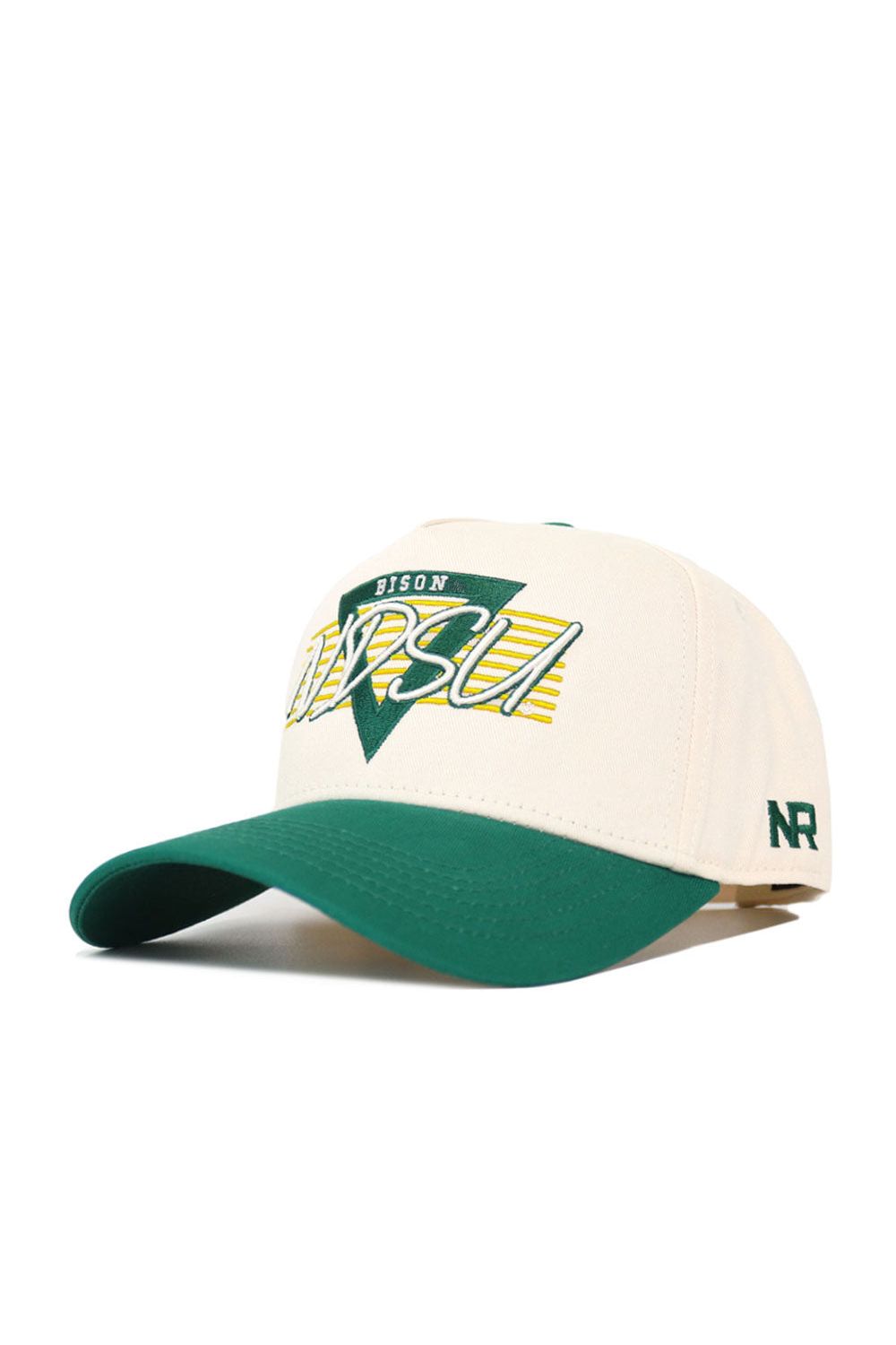 The NDSU Triangle Game Cap Hat by No Rivals is a white and green snapback with a structured fit, featuring NDSU BISON embroidery on the front, NR initials on the side, and made from high-quality cotton for comfort and durability.