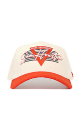 The No Rivals Sam Houston State Triangle Game Cap Hat is a structured white snapback with an orange brim, featuring "Sam Houston State University" embroidered in orange and white above a bold orange triangle with black stripes.
