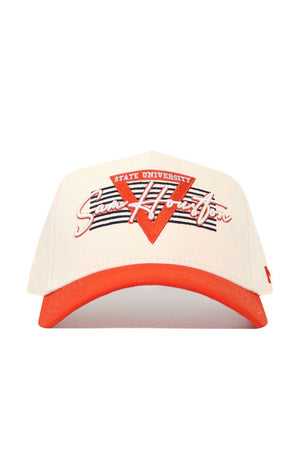 The No Rivals Sam Houston State Triangle Game Cap Hat is a structured white snapback with an orange brim, featuring "Sam Houston State University" embroidered in orange and white above a bold orange triangle with black stripes.