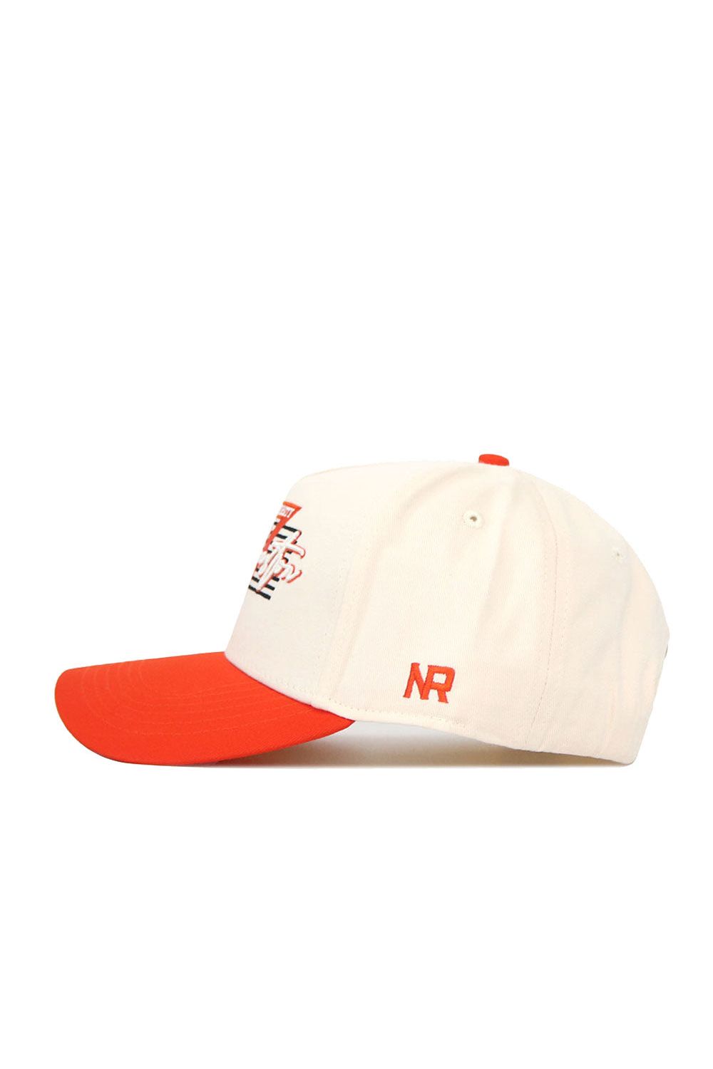 The No Rivals Sam Houston State Triangle Game Cap Hat features a cream color, bright orange brim and button, orange NR initials on the side, and a multicolored abstract design on the structured front.