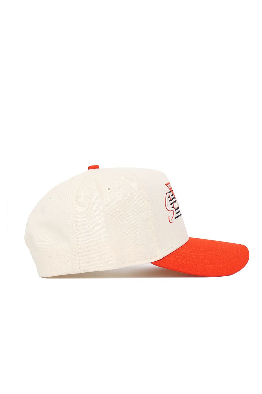 The No Rivals Sam Houston State Triangle Game Cap Hat is a cream-colored snapback with a bright orange brim and a small embroidered tiger on the front, crafted from high-quality cotton, displayed in a side view on a white background.
