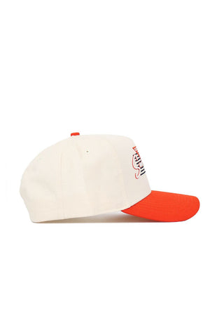 The No Rivals Sam Houston State Triangle Game Cap Hat is a cream-colored snapback with a bright orange brim and a small embroidered tiger on the front, crafted from high-quality cotton, displayed in a side view on a white background.