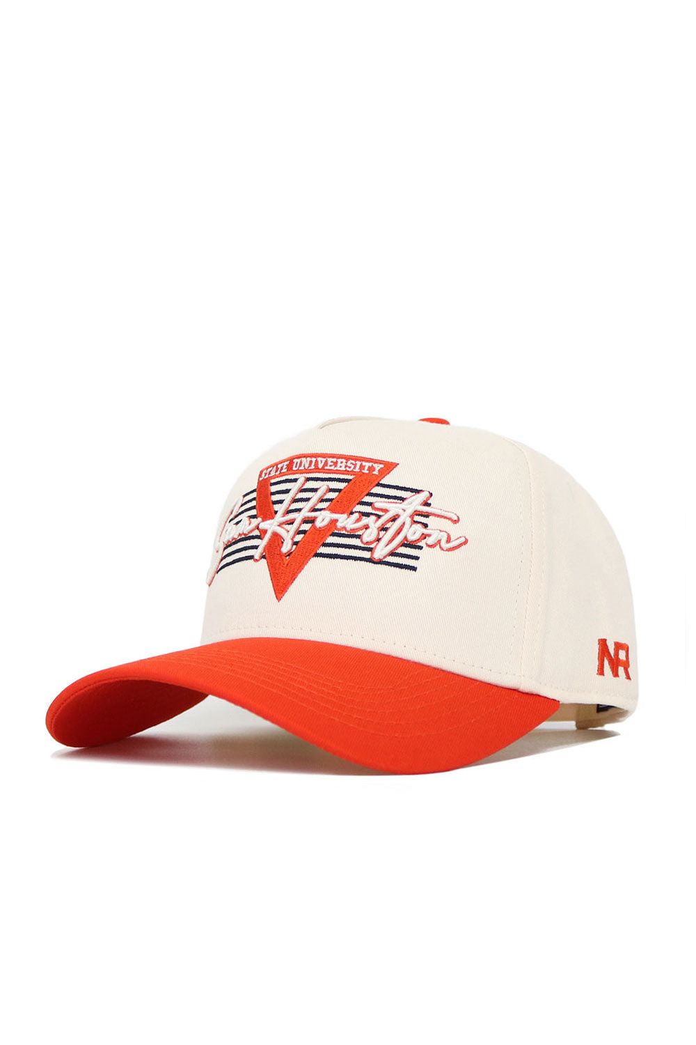 The Sam Houston State Triangle Game Cap Hat by No Rivals is a cream snapback with an orange brim, made from quality cotton. “COLT UNIVERSITY” and “Houston” are embroidered on the front with colorful accents and “NR” stitched on the side.