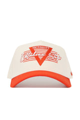 The No Rivals Oklahoma State Triangle Game Cap Hat features a cream and orange design with "Oklahoma State University" in red and white on the front, a bold orange brim, red triangle detail, and a structured fit for comfort. Officially licensed.