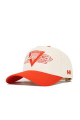 The No Rivals Oklahoma State Triangle Game Cap Hat is a beige snapback with a bright orange bill, red triangle, and "University Future Star" on the front. It has a structured fit and “NR” embroidered in orange on the side. Officially licensed.
