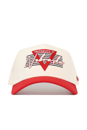 The No Rivals Nebraska Triangle Game Cap Hat features a cream snapback design with a red brim, red and white University of Nebraska text, a red triangle, black stripes, and is made from high-quality cotton for a comfortable, structured fit.