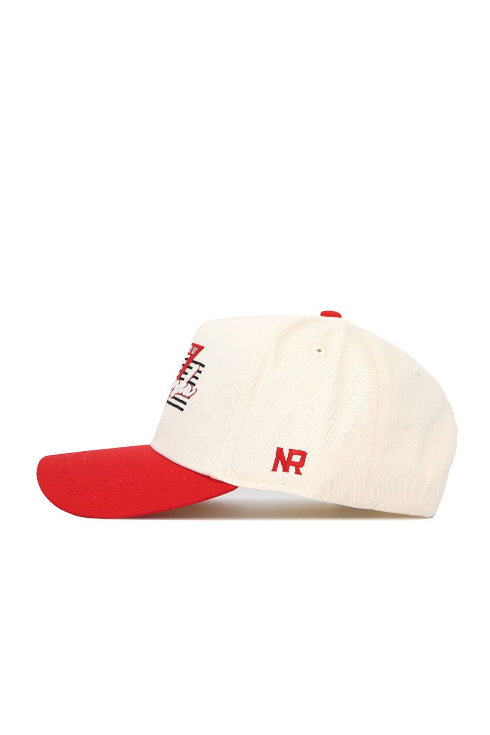 The No Rivals Nebraska Triangle Game Cap Hat features a white structured fit, red brim, top button, embroidered red NR letters on the side, and a bold red and black front design. Made from high-quality cotton for lasting comfort.