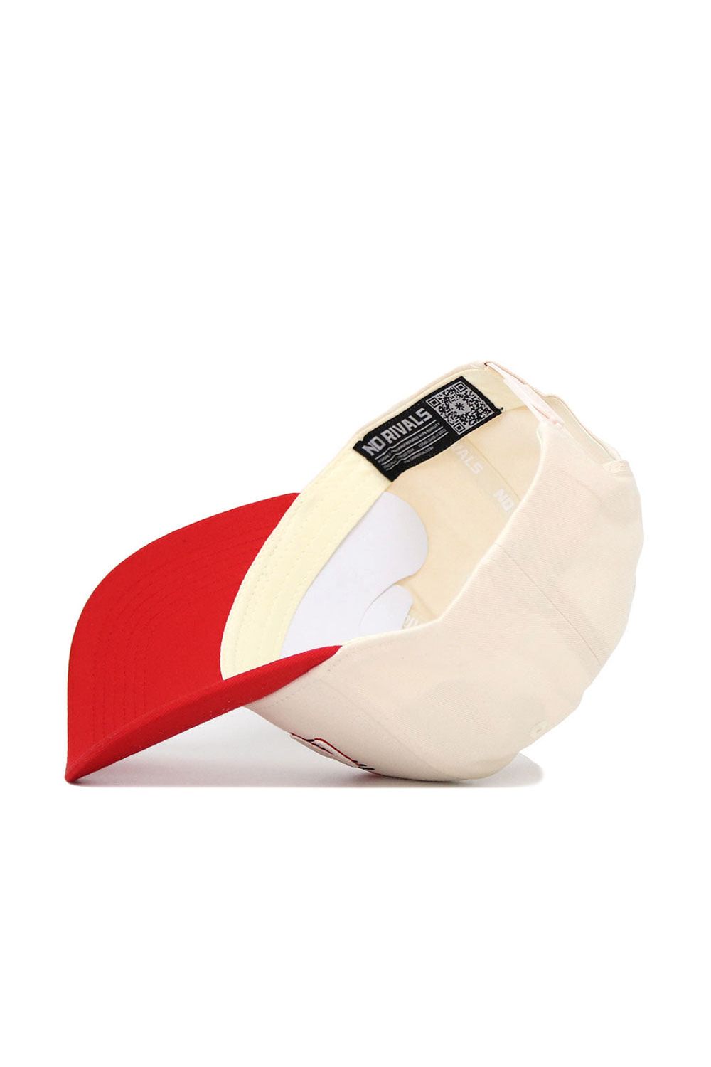 The No Rivals Nebraska Triangle Game Cap Hat is pictured from the underside, revealing its inner lining, tags, and a portion of the red brim that highlights its structured fit.