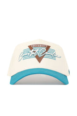 The No Rivals Coastal Carolina Triangle Game Cap Hat features a cream color with a turquoise brim, University Coastal Carolina embroidered above turquoise stripes and a brown triangle design, and offers a structured snap back fit for lasting comfort.