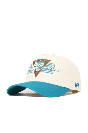 The No Rivals Coastal Carolina Triangle Game Cap Hat is cream with a teal brim and structured fit, featuring a brown triangle, turquoise stripes, embroidered University California text on the front, and teal NR letters stitched on the side.