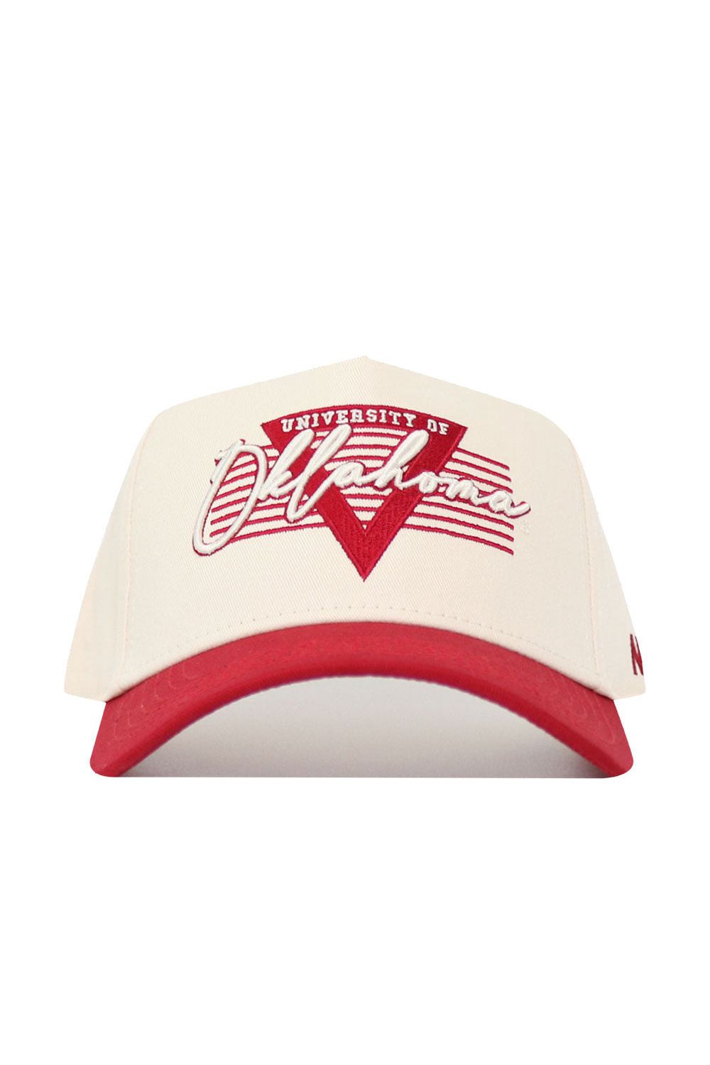The Oklahoma Triangle Game Cap Hat by No Rivals is a cream snapback with a red brim, featuring "Oklahoma" script and University branding embroidered in red and white. This structured, officially licensed cap shows true team spirit.
