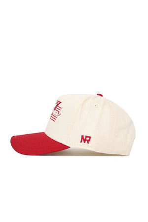 The No Rivals Oklahoma Triangle Game Cap Hat features a cream color, red brim, red embroidered NR initials on the side, and a red and white front design, delivering a structured, comfortable fit with standout style.