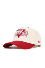 The Oklahoma Triangle Game Cap Hat by No Rivals is an officially licensed cream and red snapback featuring a large Oklahoma logo on the front, red brim and button, and "NR" embroidered on the side for a bold, structured fit.