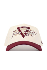 The No Rivals Texas State Triangle Game Cap Hat features a structured cream crown with maroon triangle design, maroon brim, and "Texas State University" in large script and block letters on the front. Made from high-quality cotton.