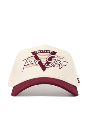 The No Rivals Texas State Triangle Game Cap Hat features a structured cream crown with maroon triangle design, maroon brim, and "Texas State University" in large script and block letters on the front. Made from high-quality cotton.