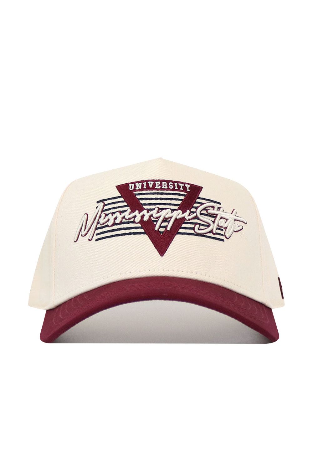 The No Rivals Mississippi State Triangle Game Cap Hat is a structured snapback in white and maroon with a front logo.