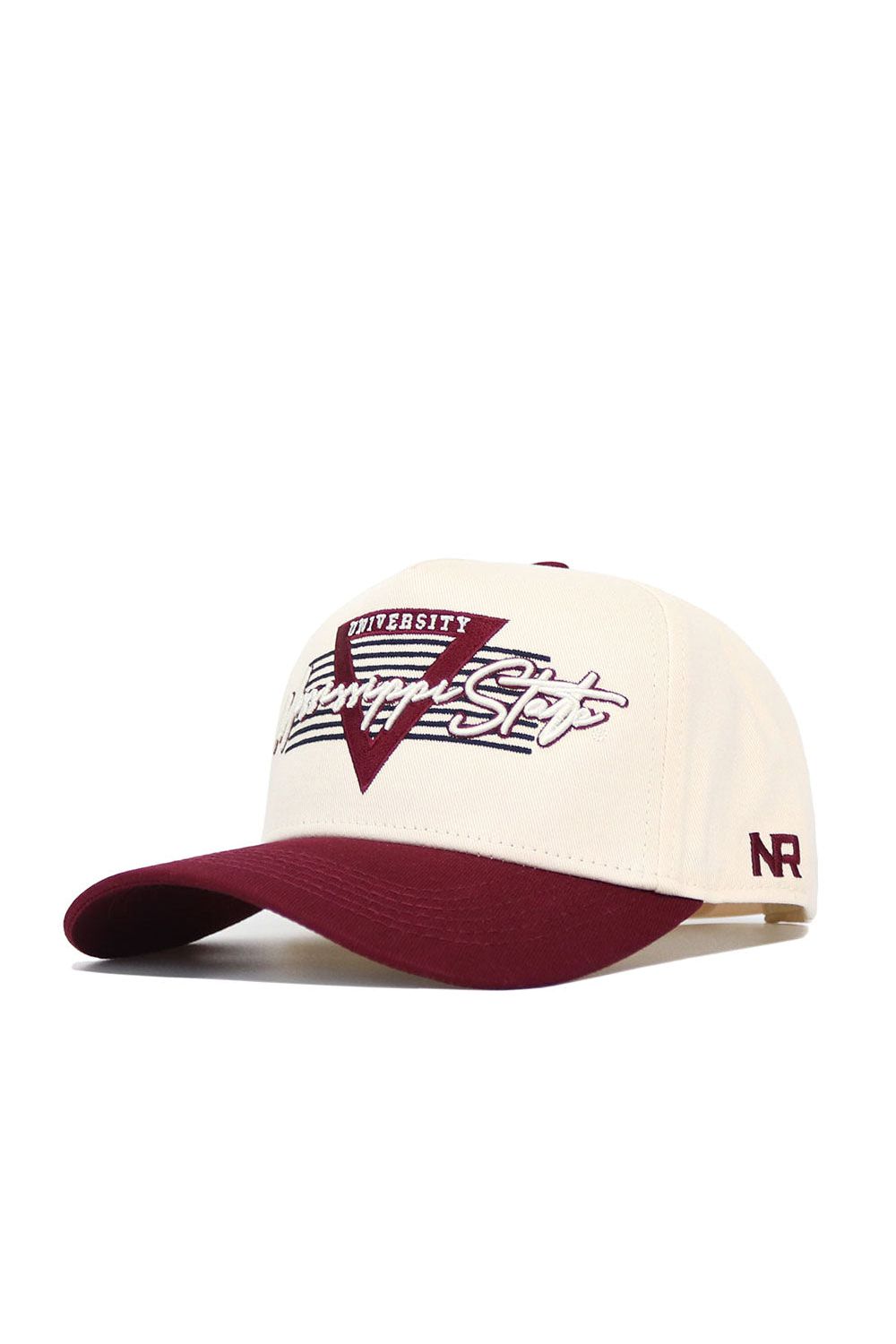 The No Rivals Mississippi State Triangle Game Cap Hat features a cream crown, maroon curved brim, “UNIVERSITY Temppi Sit” front embroidery, and “NR” stitched on the side. Made of high-quality cotton in a structured snapback style.