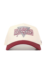 The No Rivals Montana University Triangle Game Cap Hat features cream and maroon colors, "University of Montana" text on the front over a gray triangle and maroon stripes, a structured fit, and is officially licensed.