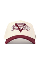 The No Rivals Texas A&M Triangle Game Cap Hat features cream and maroon colors, Texas A&M in stylized text, a maroon triangle front design, a maroon brim, and is made from high quality cotton for a comfortable, structured fit.