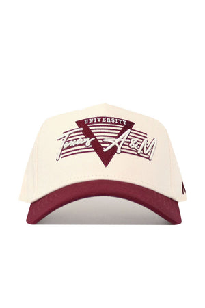 The No Rivals Texas A&M Triangle Game Cap Hat features cream and maroon colors, Texas A&M in stylized text, a maroon triangle front design, a maroon brim, and is made from high quality cotton for a comfortable, structured fit.
