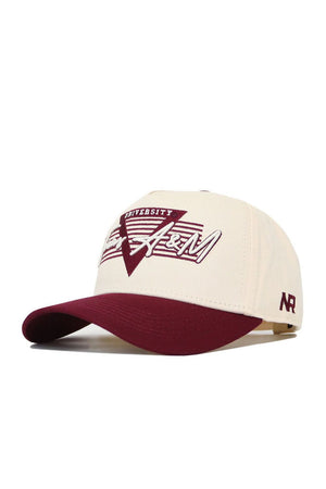 The No Rivals Texas A&M Triangle Game Cap Hat features a cream body, maroon brim, embroidered "Texas A&M University" on the front, NR initials on the side, and a classic structured snapback design in high-quality cotton.