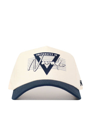 The No Rivals Nevada Triangle Game Cap Hat is a cream snapback with a dark brim featuring "University of Nevada" in blue and white, plus a bold Nevada script over a blue triangle. This officially licensed hat offers a structured fit.