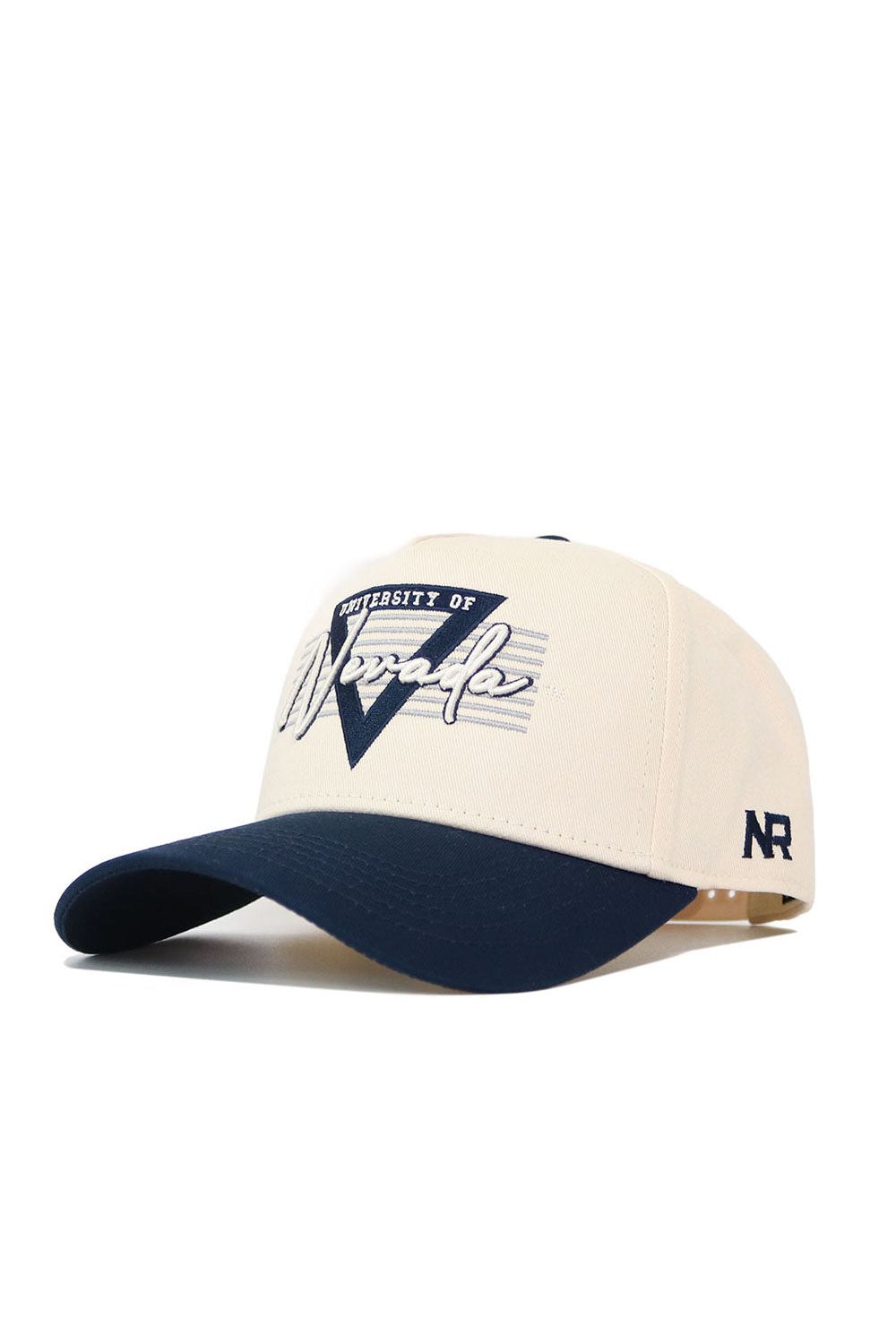 The Nevada Triangle Game Cap Hat by No Rivals is a cream structured-fit baseball cap with a navy brim, "University of Nevada" embroidered on the front, "NR" on the side, and classic collegiate style in an officially licensed snapback.