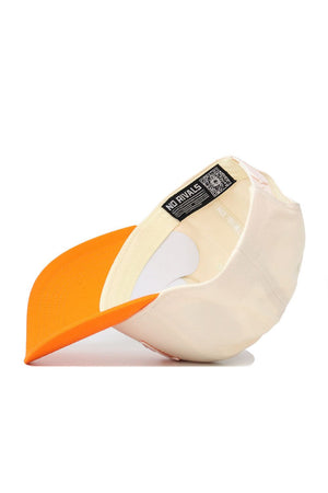 The Tennessee Triangle Game Cap Hat by No Rivals is shown inside out, revealing tags, a QR code, and "NO RIVALS" on the inner band. Its structured fit and orange brim stand out against a white background.