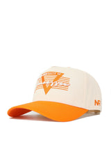 The No Rivals Tennessee Triangle Game Cap Hat is cream-colored with an orange brim, features University of Tennessee text and logo on the front, orange NR initials on the side, and has an adjustable snap-back closure.