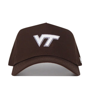 The Virginia Tech Americano Hat is a brown snapback crafted from high-quality cotton, featuring a white embroidered VT logo on the front. Officially licensed for authentic style.
