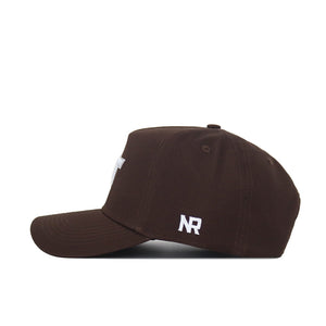 The Virginia Tech Americano Hat is a brown snapback made from high-quality cotton, shown from the side and featuring white embroidered NR letters above the brim.