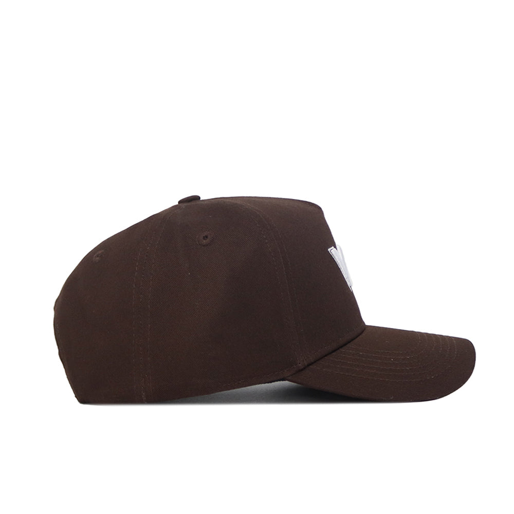 The Virginia Tech Americano Hat is a brown snapback made from high-quality cotton, featuring a curved brim, top button, and visible stitching. Shown from the side against a white background.