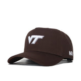The Virginia Tech Americano Hat is a brown snapback made from high-quality cotton, featuring a white embroidered VT logo on the front and "NR" stitched in white on the side.